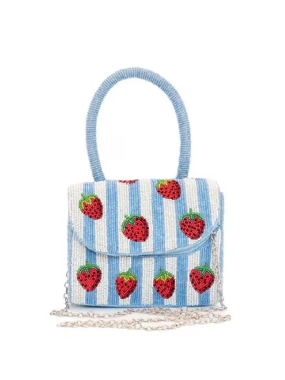 NWT Sol & Mer Beaded Strawberry Top Handle Bag Blue White Striped Purse $88